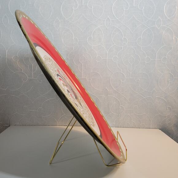 VINTAGE Stoyke Tray Platter 19" Round Red White Chicken Metal Mid Century 60s - Picture 14 of 16